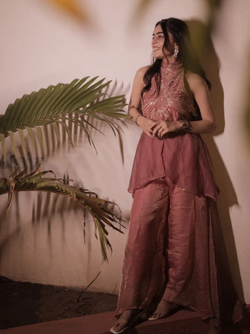 Rose & Teal Sequin Embroidered Sharara Set