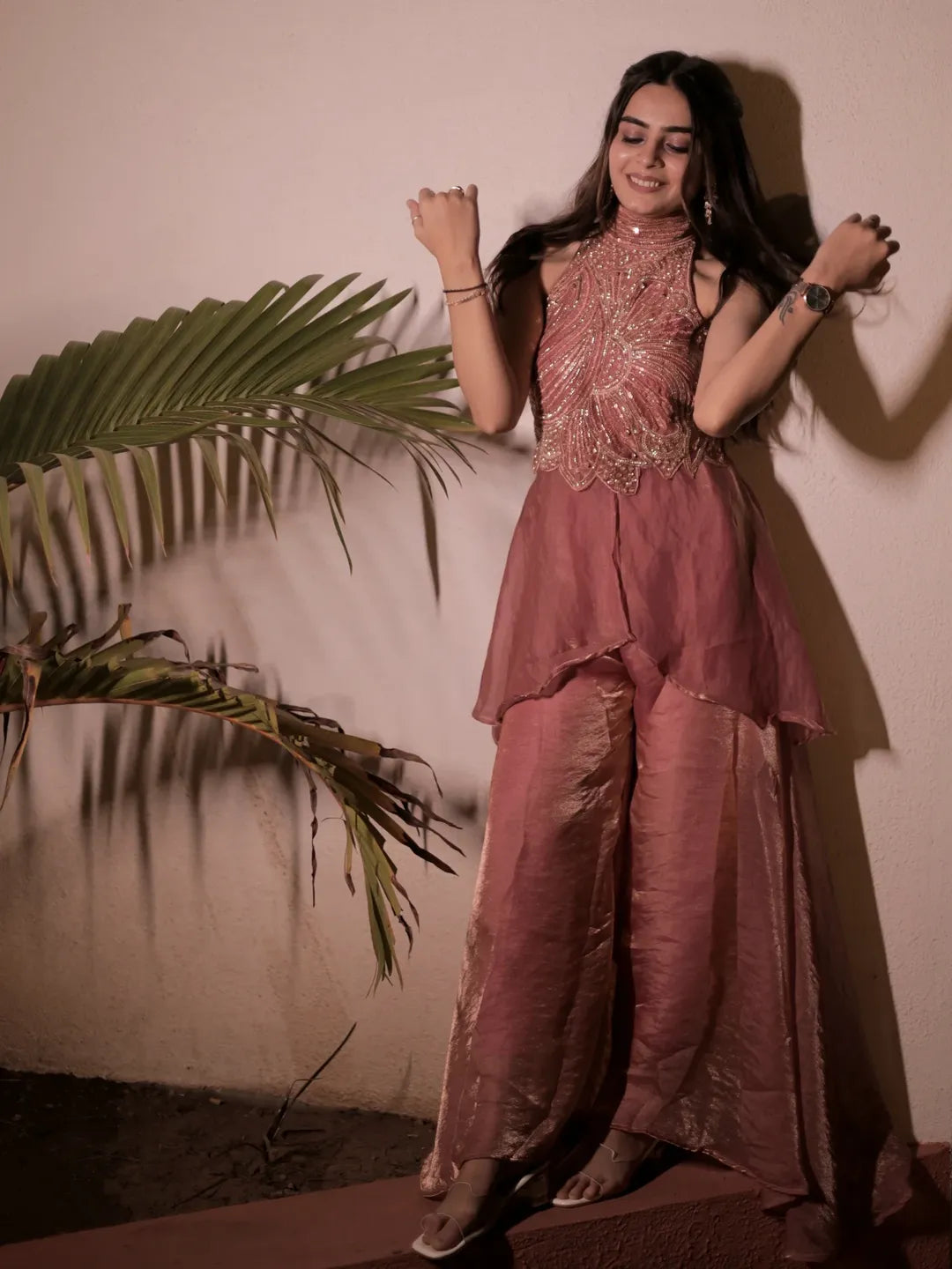 Rose & Teal Sequin Embroidered Sharara Set