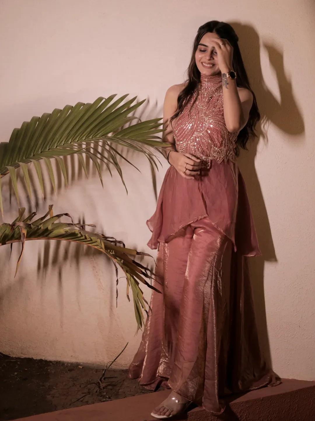 Rose & Teal Sequin Embroidered Sharara Set