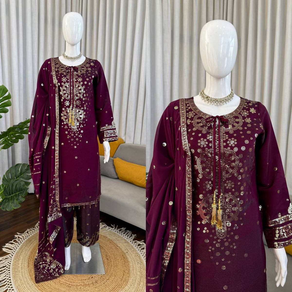 Wine Roman Glass Embroidered Suit Set