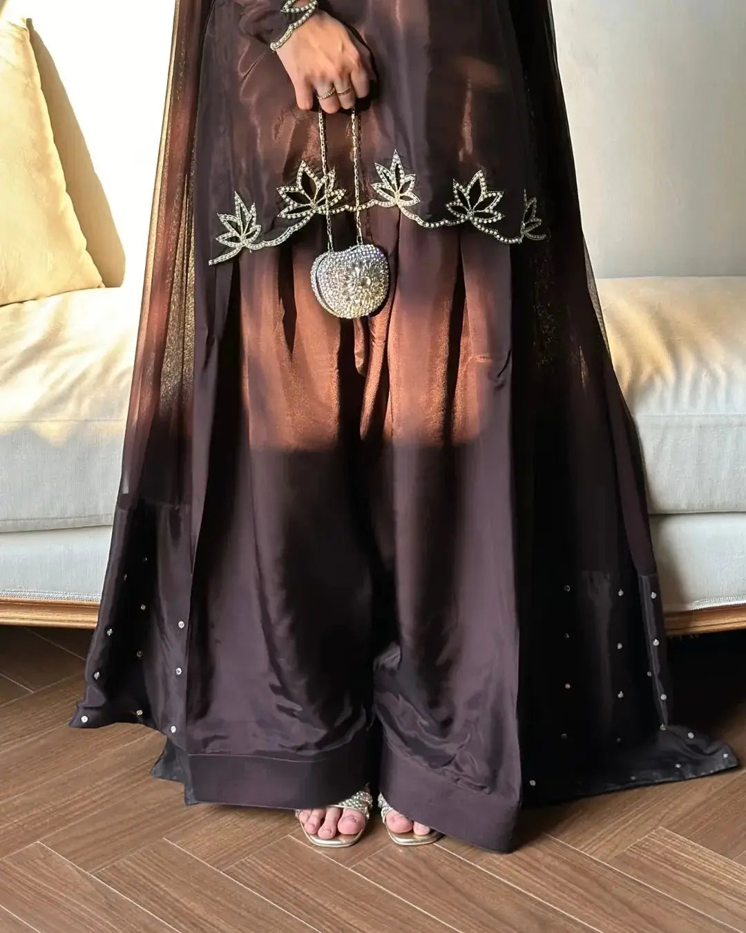 Brown Embroidered Crepe Top with Farshi Salwar Set