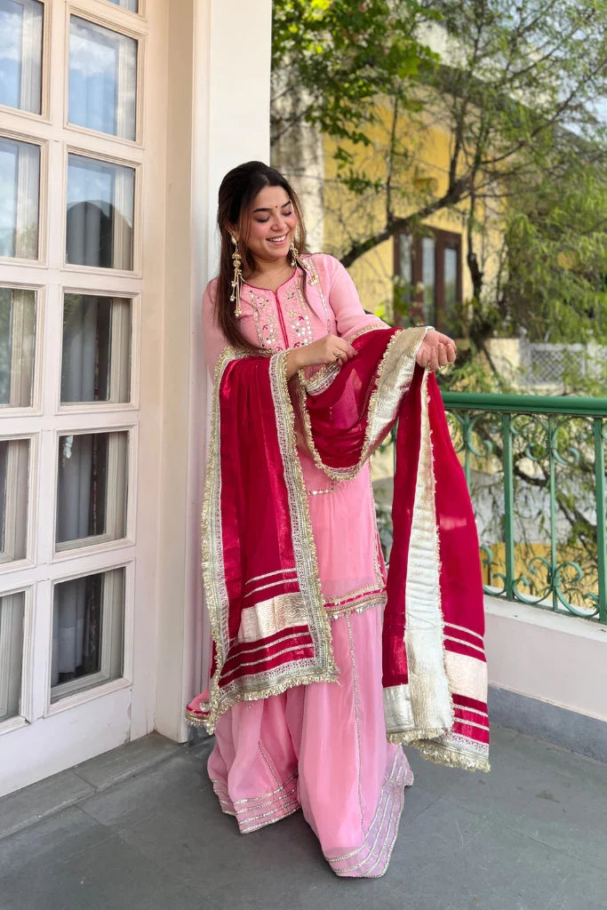 Baby Pink Organza Silk Sharara Set with Sequin & Zari Embroidery | Chicorawear