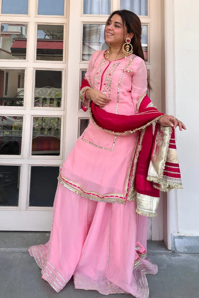 Baby Pink Organza Silk Sharara Set with Sequin & Zari Embroidery | Chicorawear