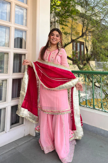 Baby Pink Organza Silk Sharara Set with Sequin & Zari Embroidery | Chicorawear