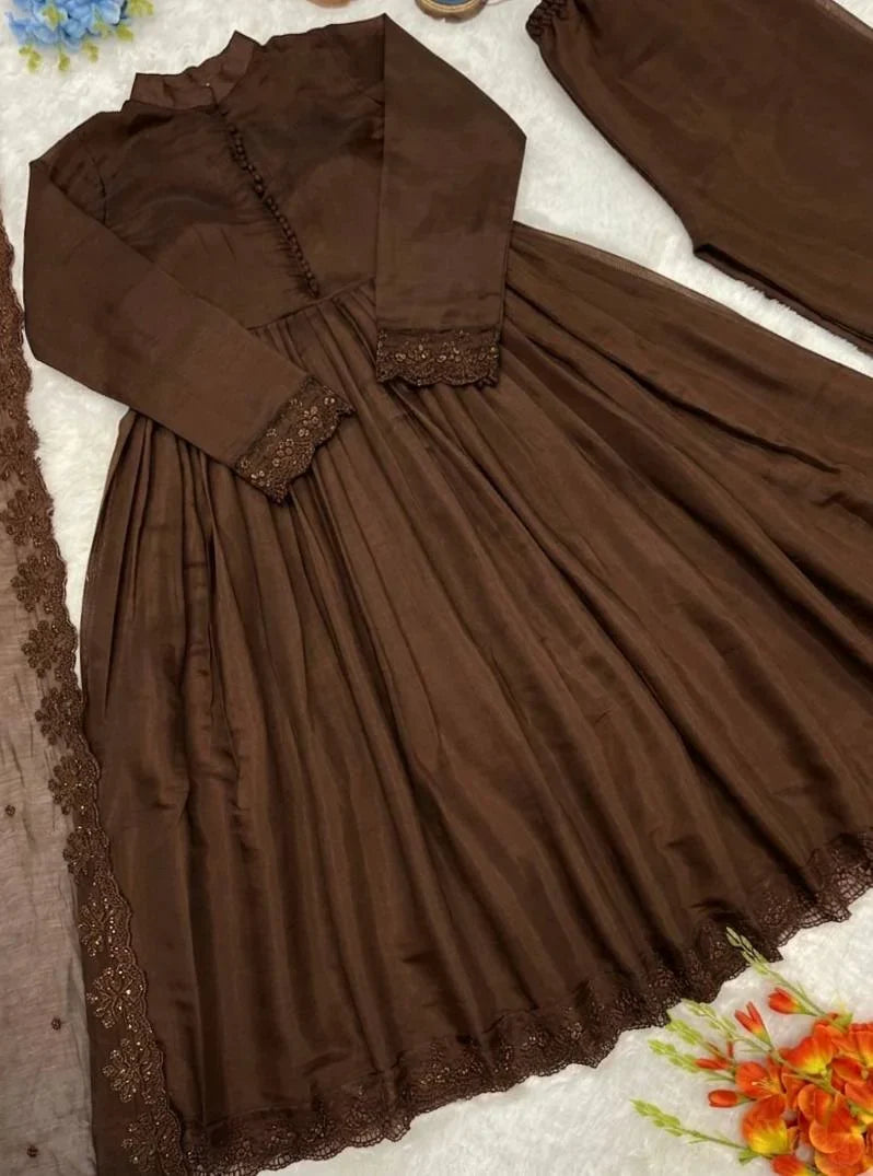Brown Embroidered Anarkali Set with Dupatta | Chicora Wear