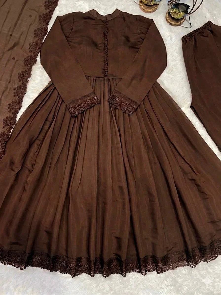 Brown Embroidered Anarkali Set with Dupatta | Chicora Wear