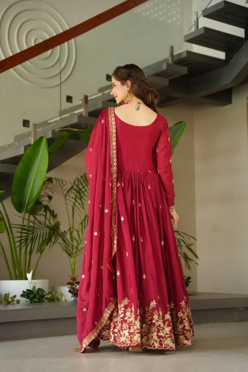 Chinon Silk Anarkali Gown with Dupatta – Gold Zari Hem