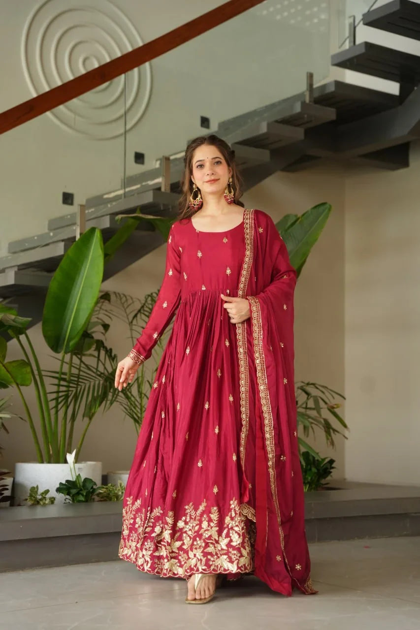 Chinon Silk Anarkali Gown with Dupatta – Gold Zari Hem