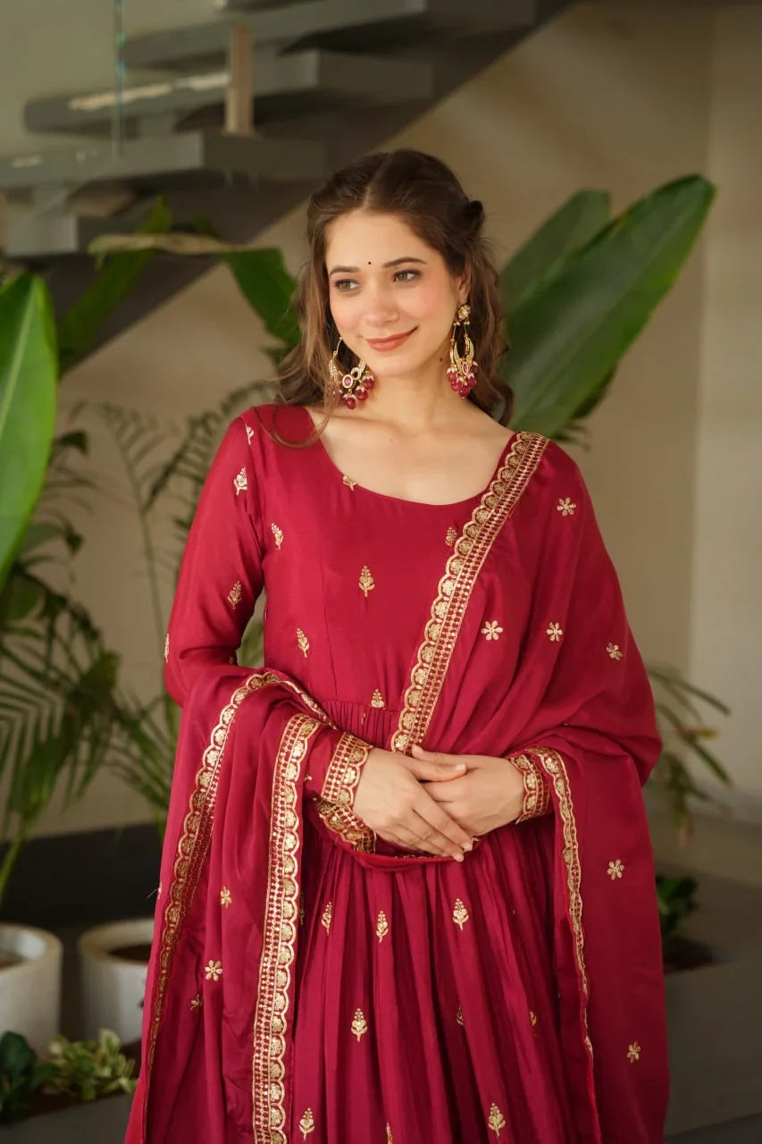 Chinon Silk Anarkali Gown with Dupatta – Gold Zari Hem