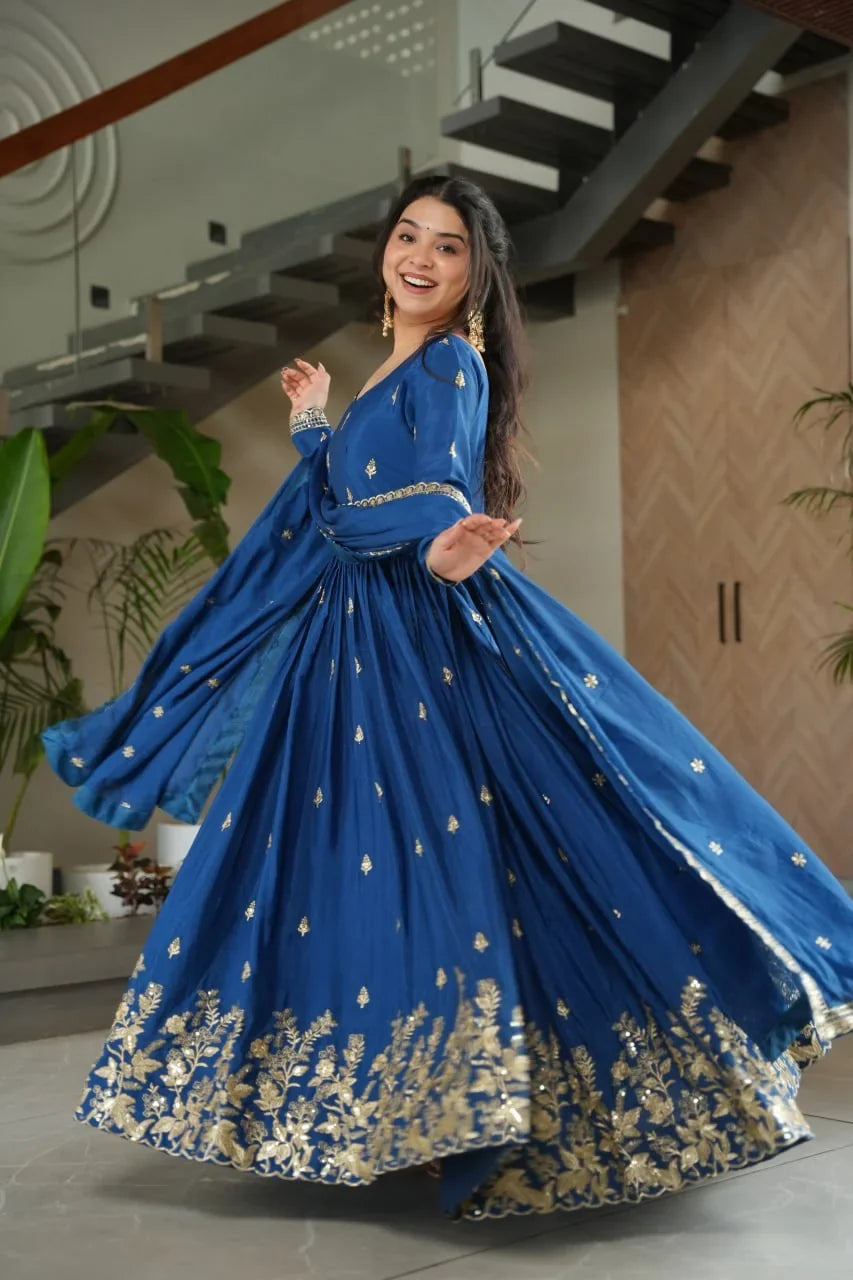 Chinon Silk Anarkali Gown with Dupatta – Gold Zari Hem