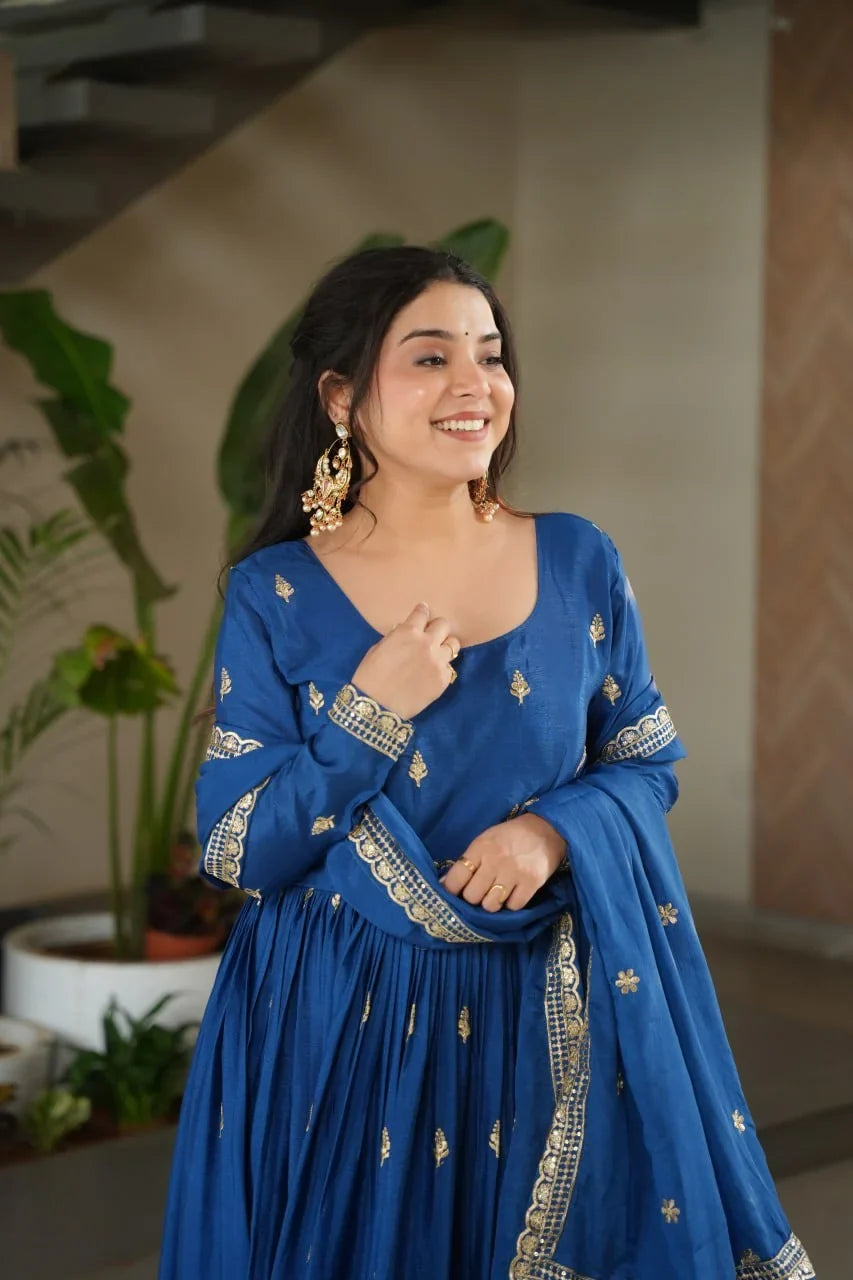 Chinon Silk Anarkali Gown with Dupatta – Gold Zari Hem