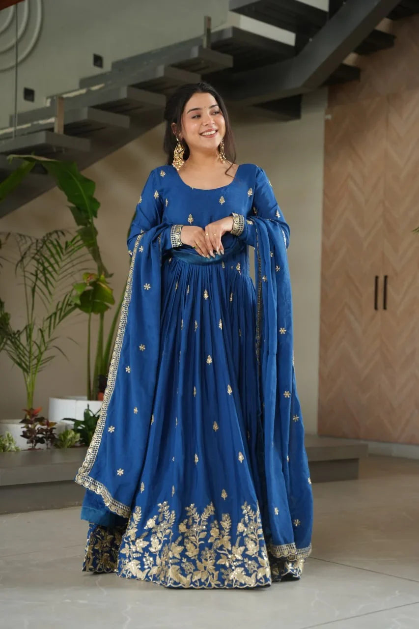 Chinon Silk Anarkali Gown with Dupatta – Gold Zari Hem