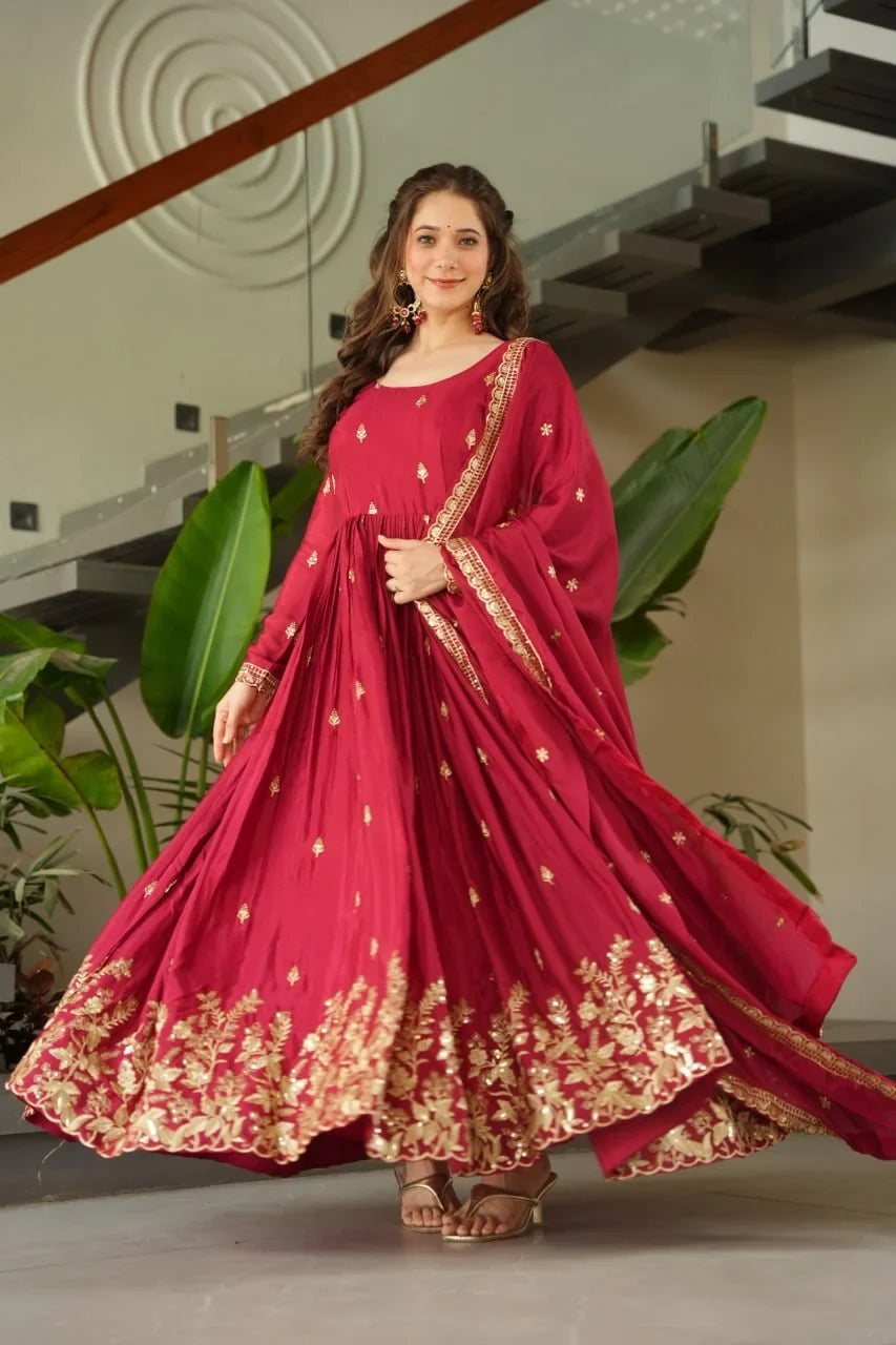 Chinon Silk Anarkali Gown with Dupatta – Gold Zari Hem