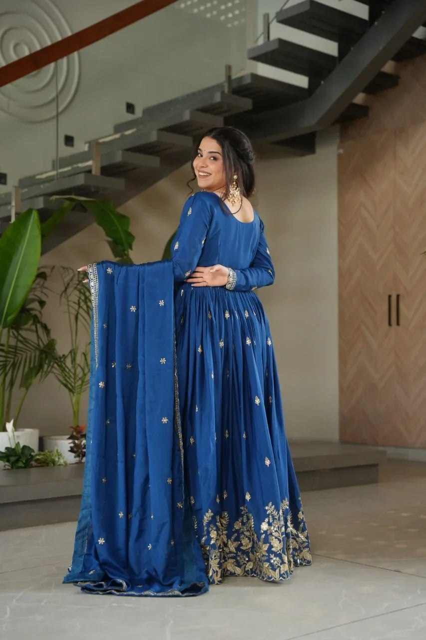 Chinon Silk Anarkali Gown with Dupatta – Gold Zari Hem