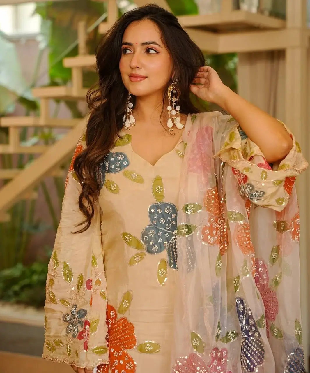 Cream Multicolour Floral Print Palazzo Set with Dupatta | Organza Silk