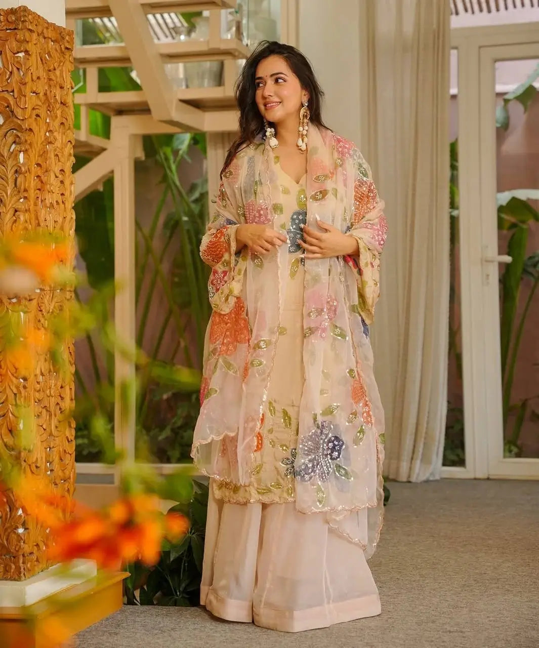 Cream Multicolour Floral Print Palazzo Set with Dupatta | Organza Silk