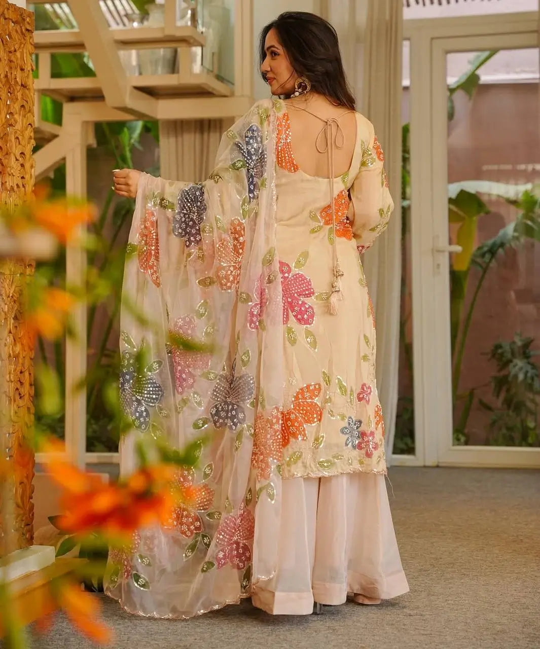 Cream Multicolour Floral Print Palazzo Set with Dupatta | Organza Silk