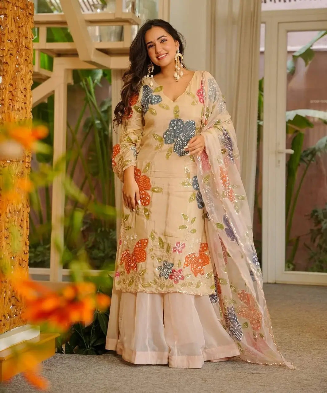 Cream Multicolour Floral Print Palazzo Set with Dupatta | Organza Silk