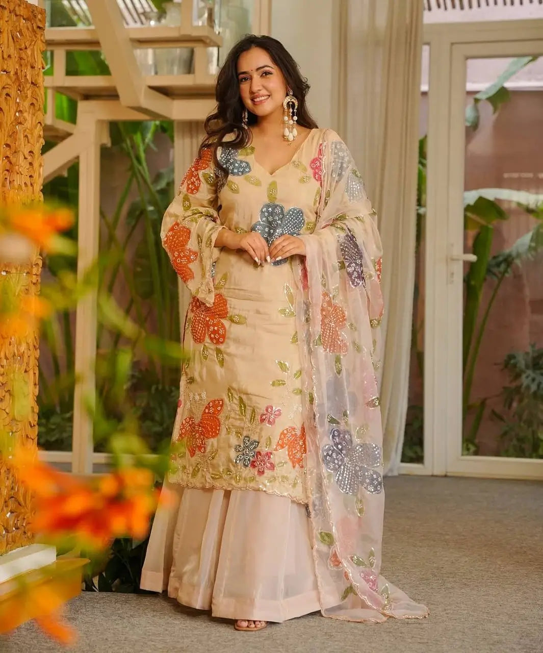 Cream Multicolour Floral Print Palazzo Set with Dupatta | Organza Silk