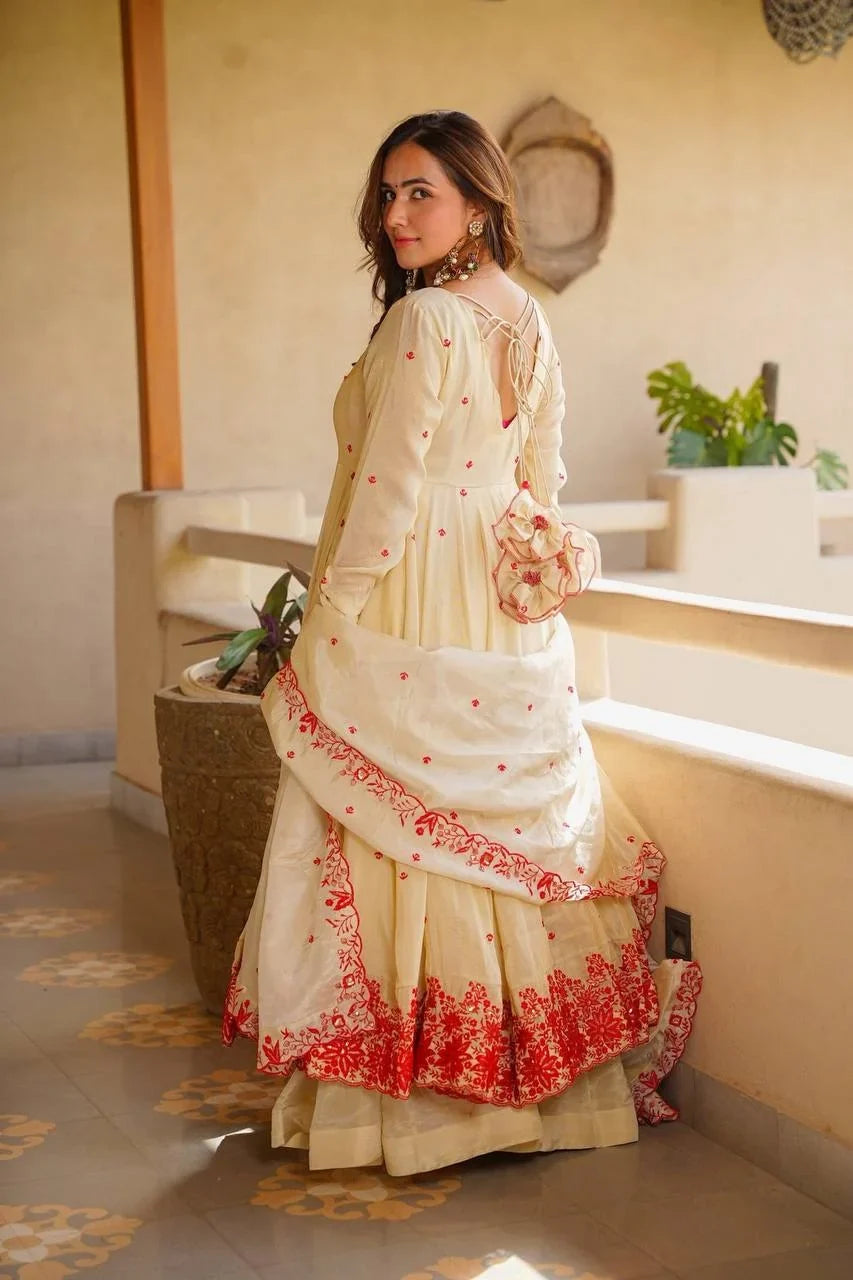 Cream Silk Anarkali Sharara Set with Sequin Embroidery | Chicorawear