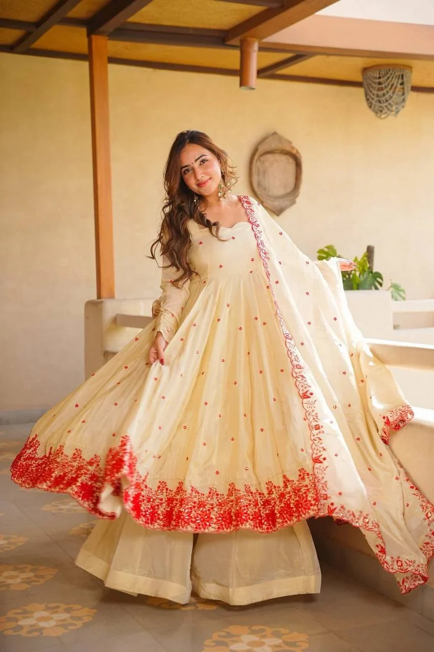 Cream Silk Anarkali Sharara Set with Sequin Embroidery | Chicorawear