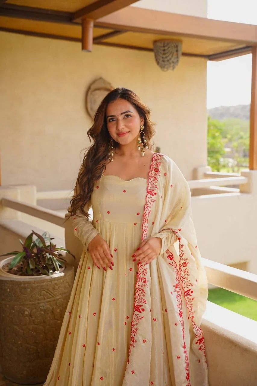Cream Silk Anarkali Sharara Set with Sequin Embroidery | Chicorawear