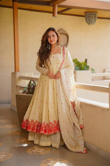 Cream Silk Anarkali Sharara Set with Sequin Embroidery | Chicorawear