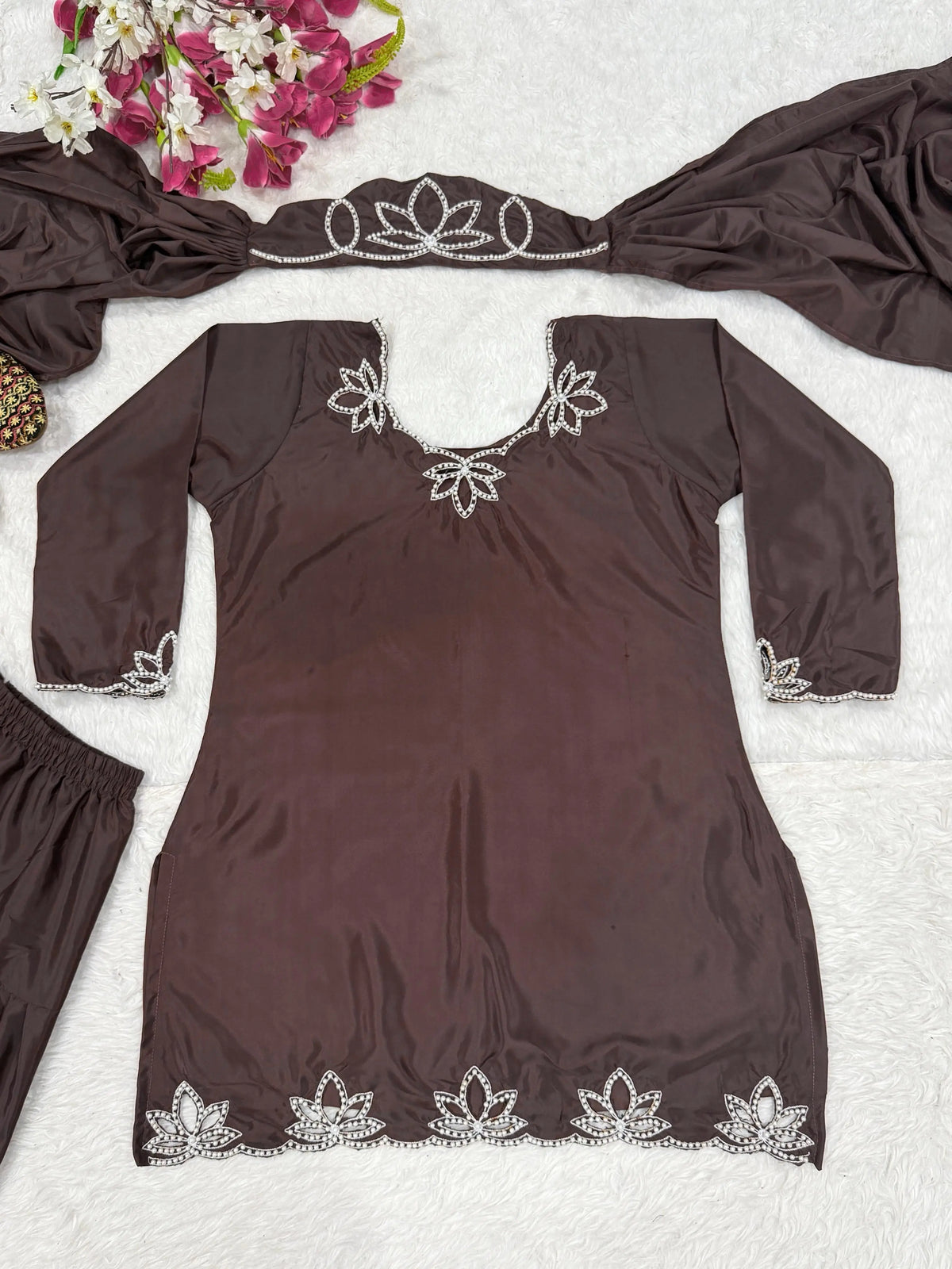 Brown Embroidered Crepe Top with Farshi Salwar Set