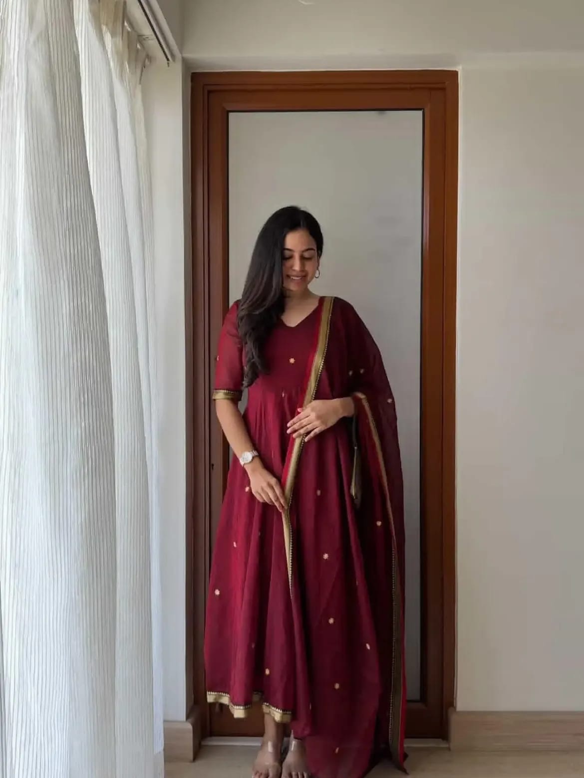 Wine Maroon Banarasi Silk Jacquard Anarkali Suit Set with Zari Dupatta