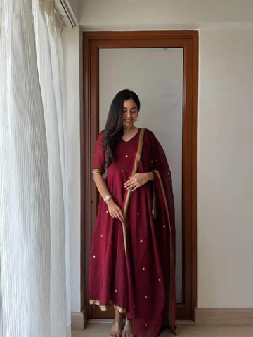 Wine Maroon Banarasi Silk Jacquard Anarkali Suit Set with Zari Dupatta