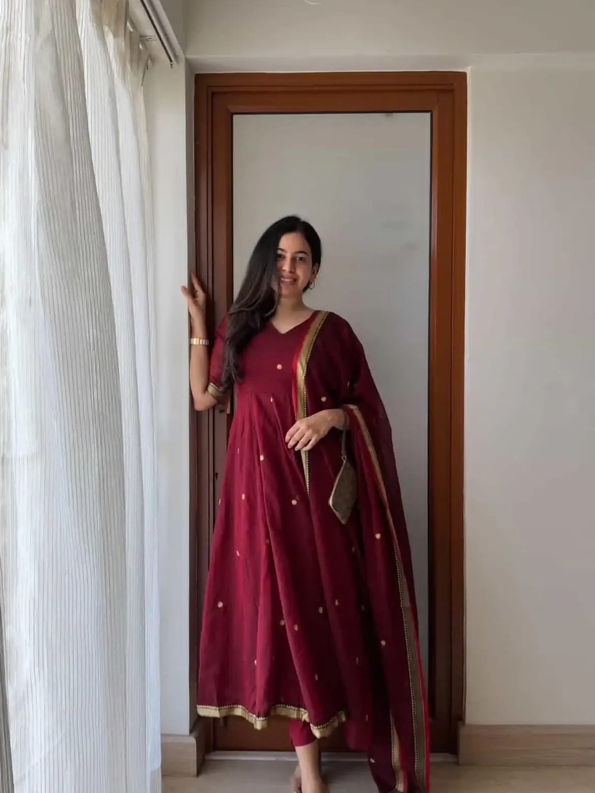 Wine Maroon Banarasi Silk Jacquard Anarkali Suit Set with Zari Dupatta