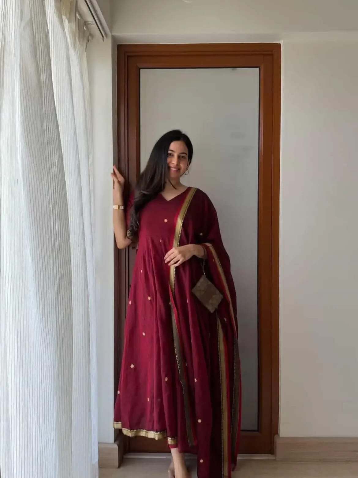 Wine Maroon Banarasi Silk Jacquard Anarkali Suit Set with Zari Dupatta