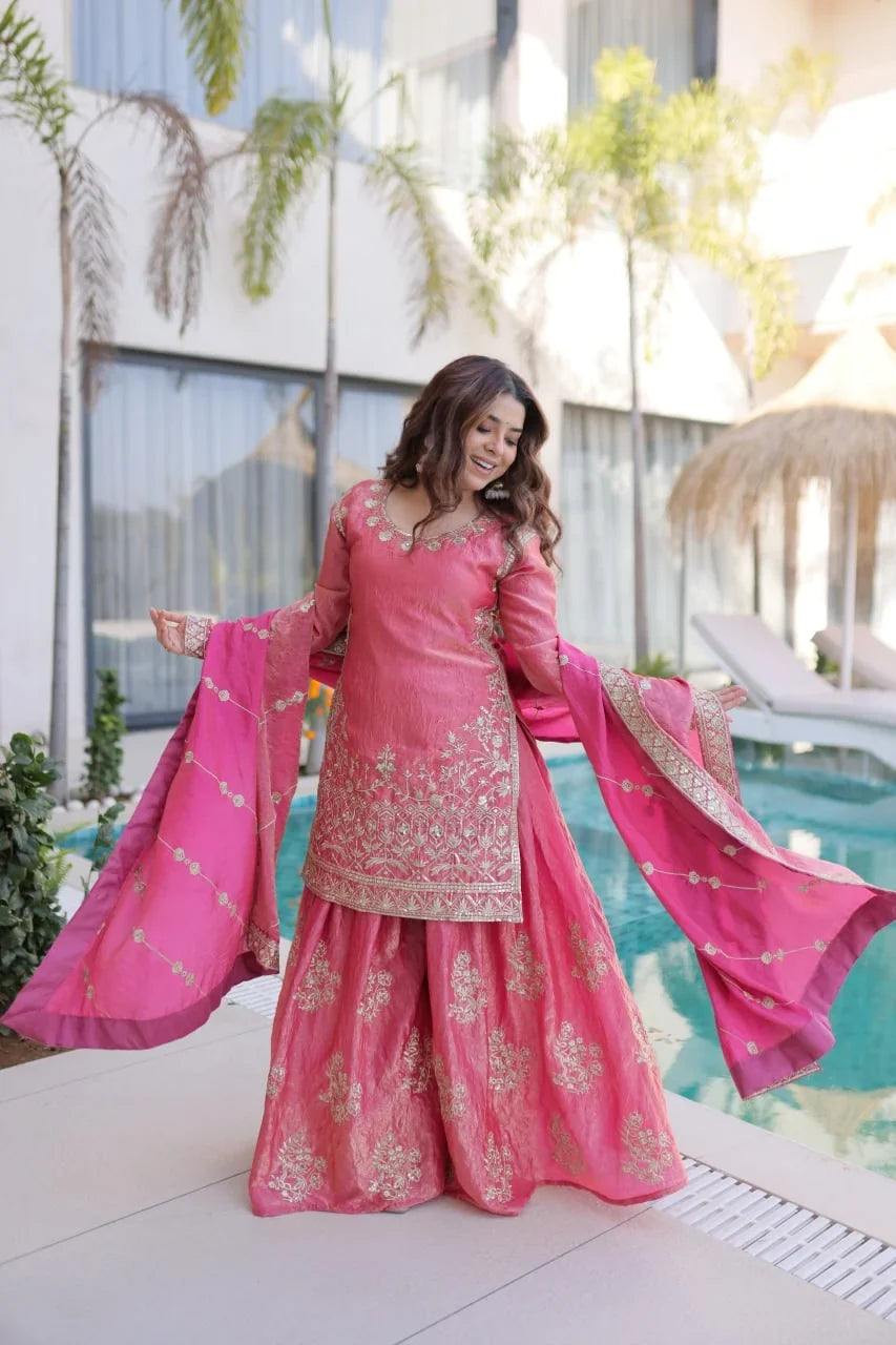 Fendi Crush Kurti Sharara Set with Zari Sequin Dupatta | Chicorawear