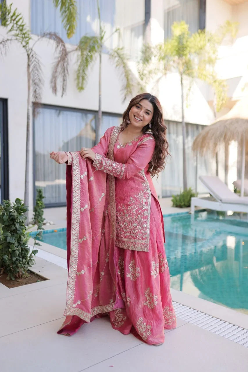 Fendi Crush Kurti Sharara Set with Zari Sequin Dupatta | Chicorawear