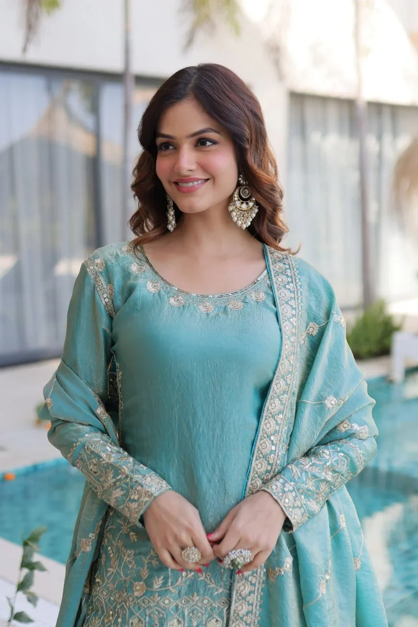Fendi Crush Kurti Sharara Set with Zari Sequin Dupatta | Chicorawear