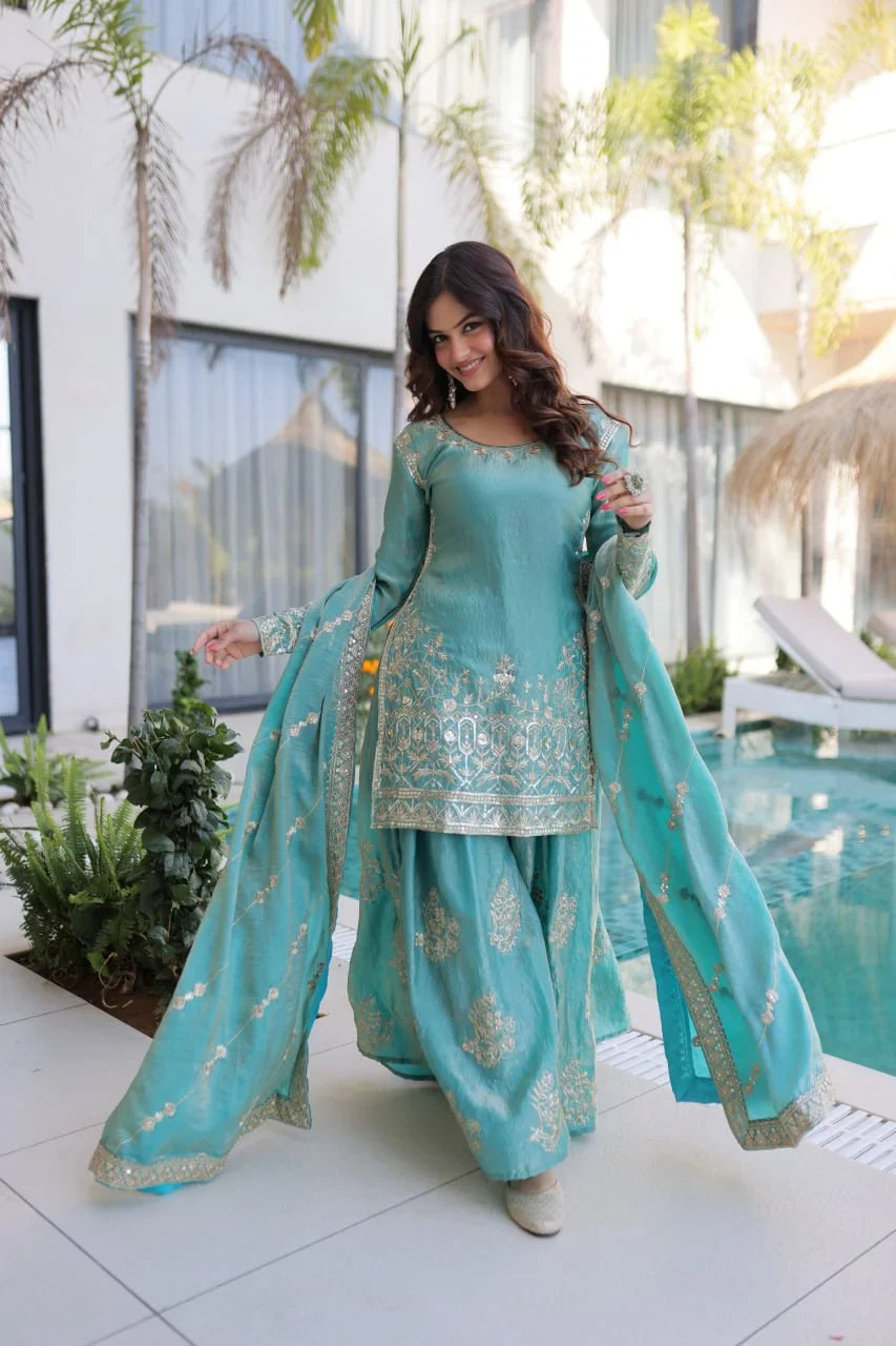 Fendi Crush Kurti Sharara Set with Zari Sequin Dupatta | Chicorawear