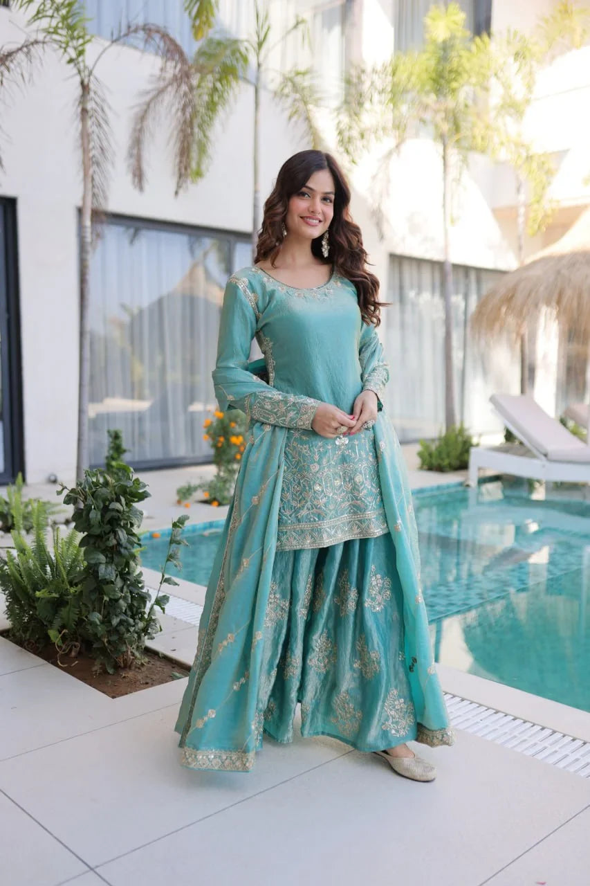 Fendi Crush Kurti Sharara Set with Zari Sequin Dupatta | Chicorawear