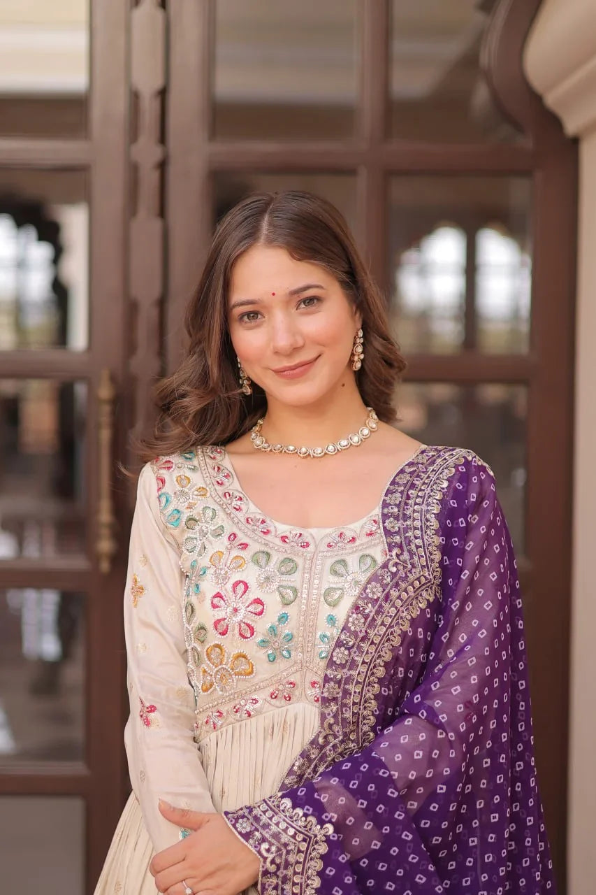 Ivory Jacquard Gown with Bandhani Dupatta – Pearl Embroidery