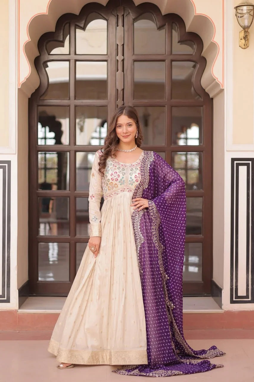 Ivory Jacquard Gown with Bandhani Dupatta – Pearl Embroidery
