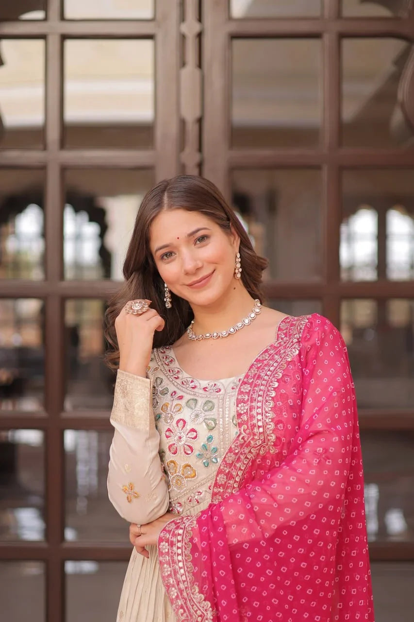 Ivory Jacquard Gown with Bandhani Dupatta – Pearl Embroidery
