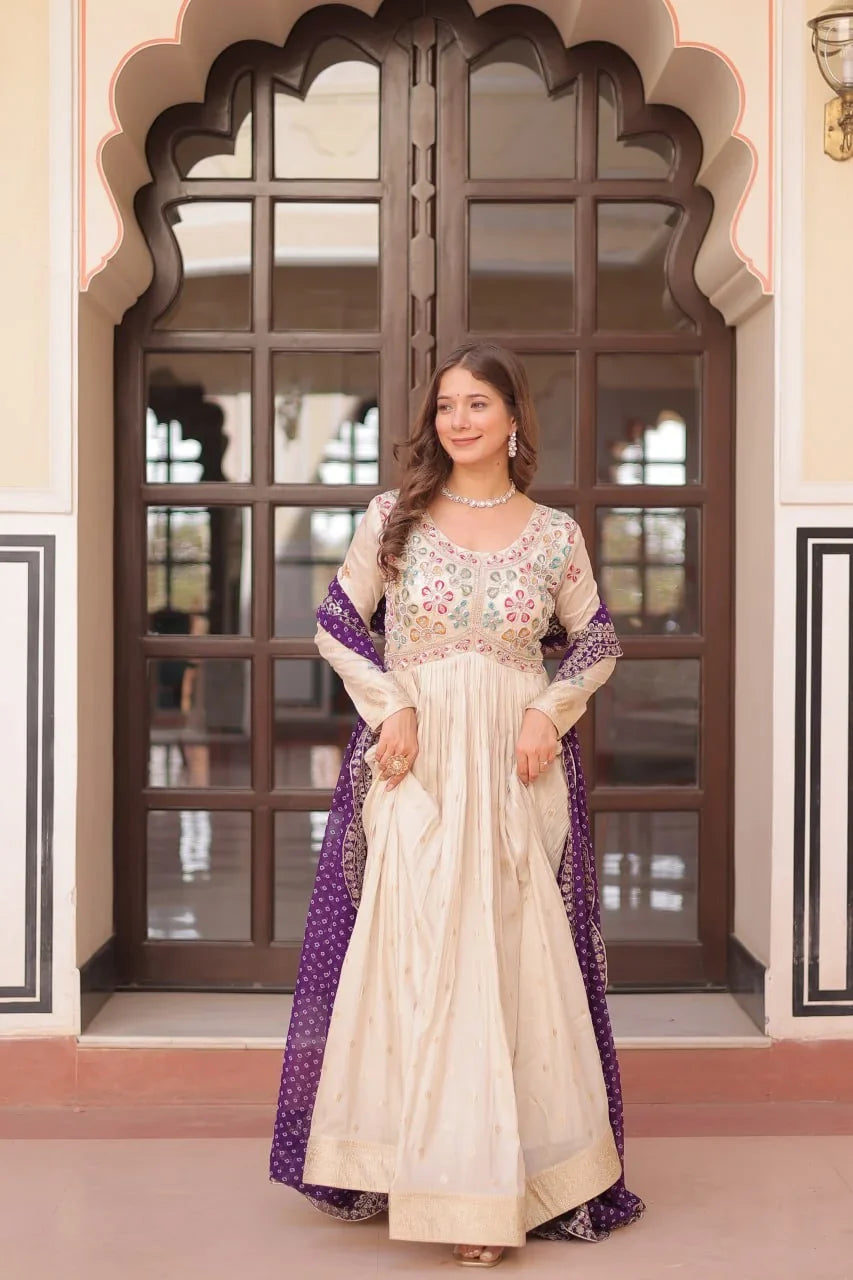 Ivory Jacquard Gown with Bandhani Dupatta – Pearl Embroidery