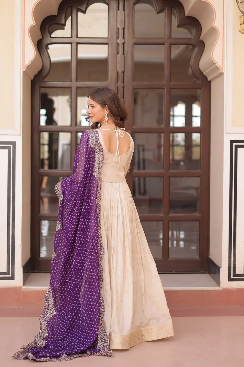 Ivory Jacquard Gown with Bandhani Dupatta – Pearl Embroidery
