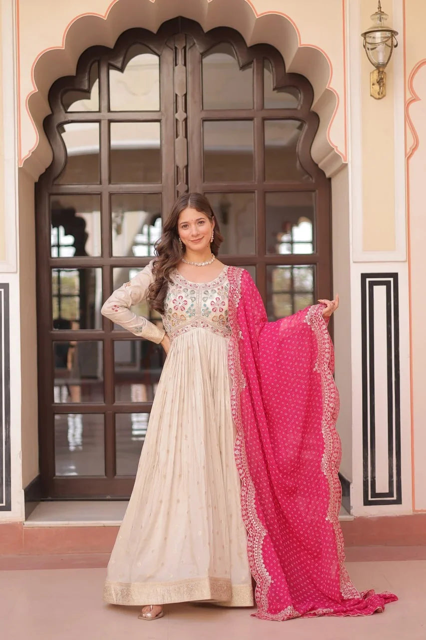 Ivory Jacquard Gown with Bandhani Dupatta – Pearl Embroidery
