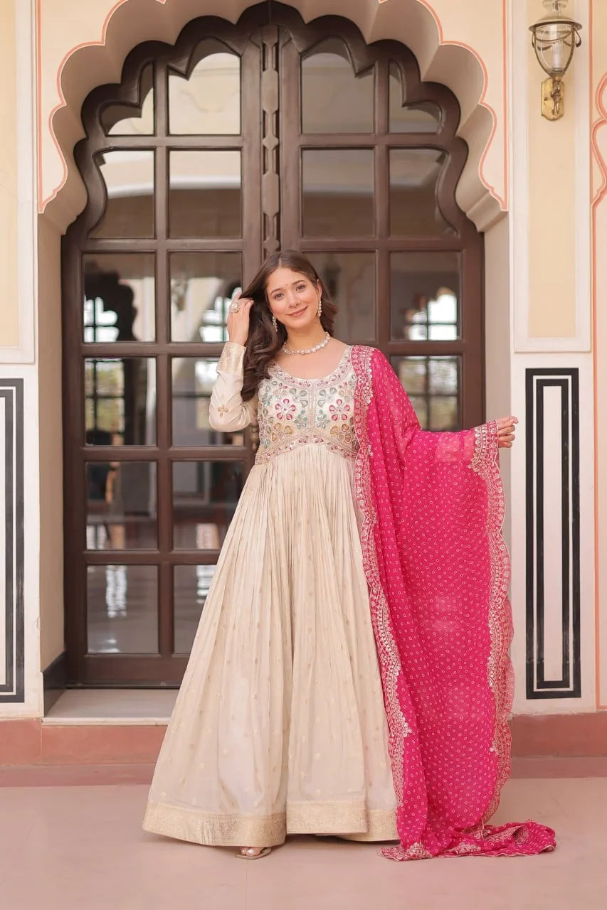 Ivory Jacquard Gown with Bandhani Dupatta – Pearl Embroidery