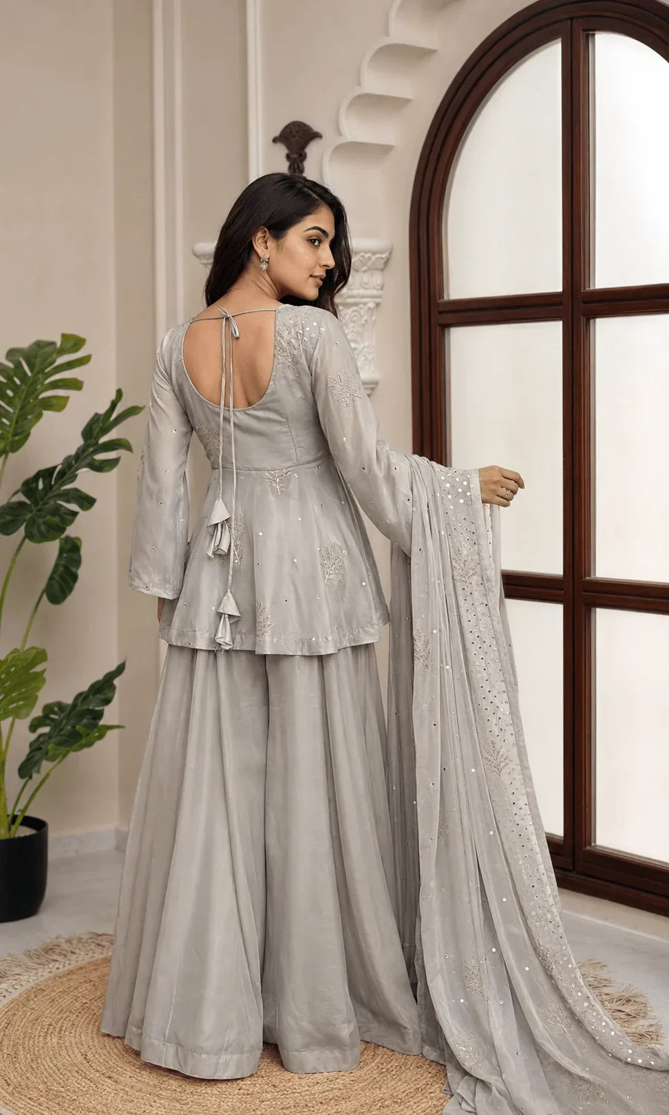 Grey Tabby Silk Palazzo Set with Foil Work | Chicorawear