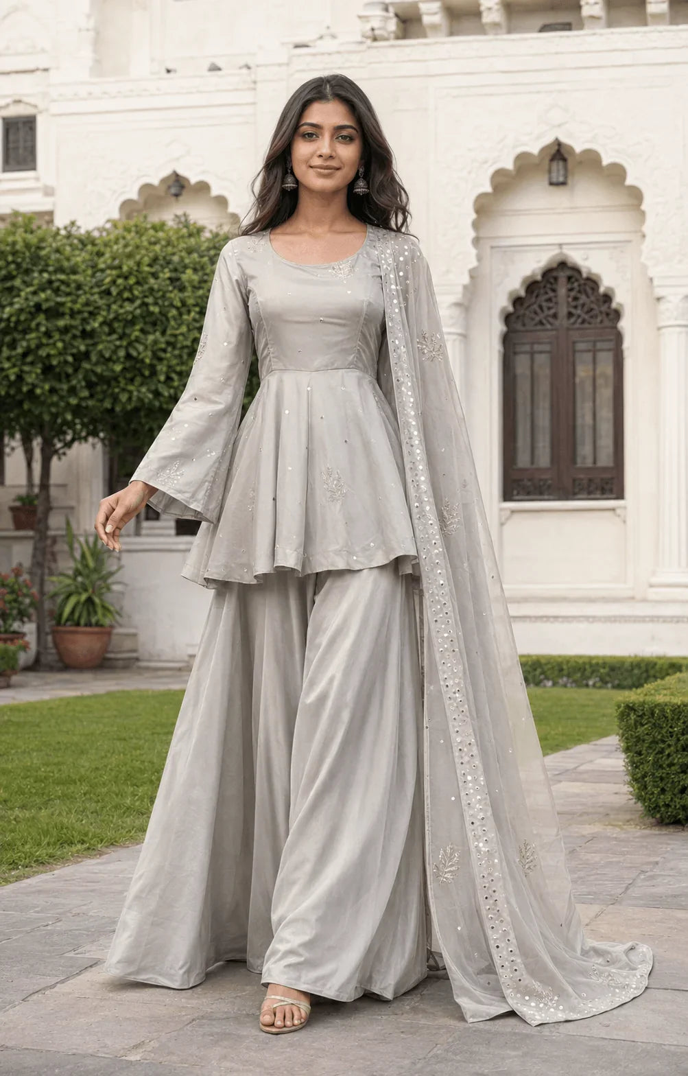 Grey Tabby Silk Palazzo Set with Foil Work | Chicorawear