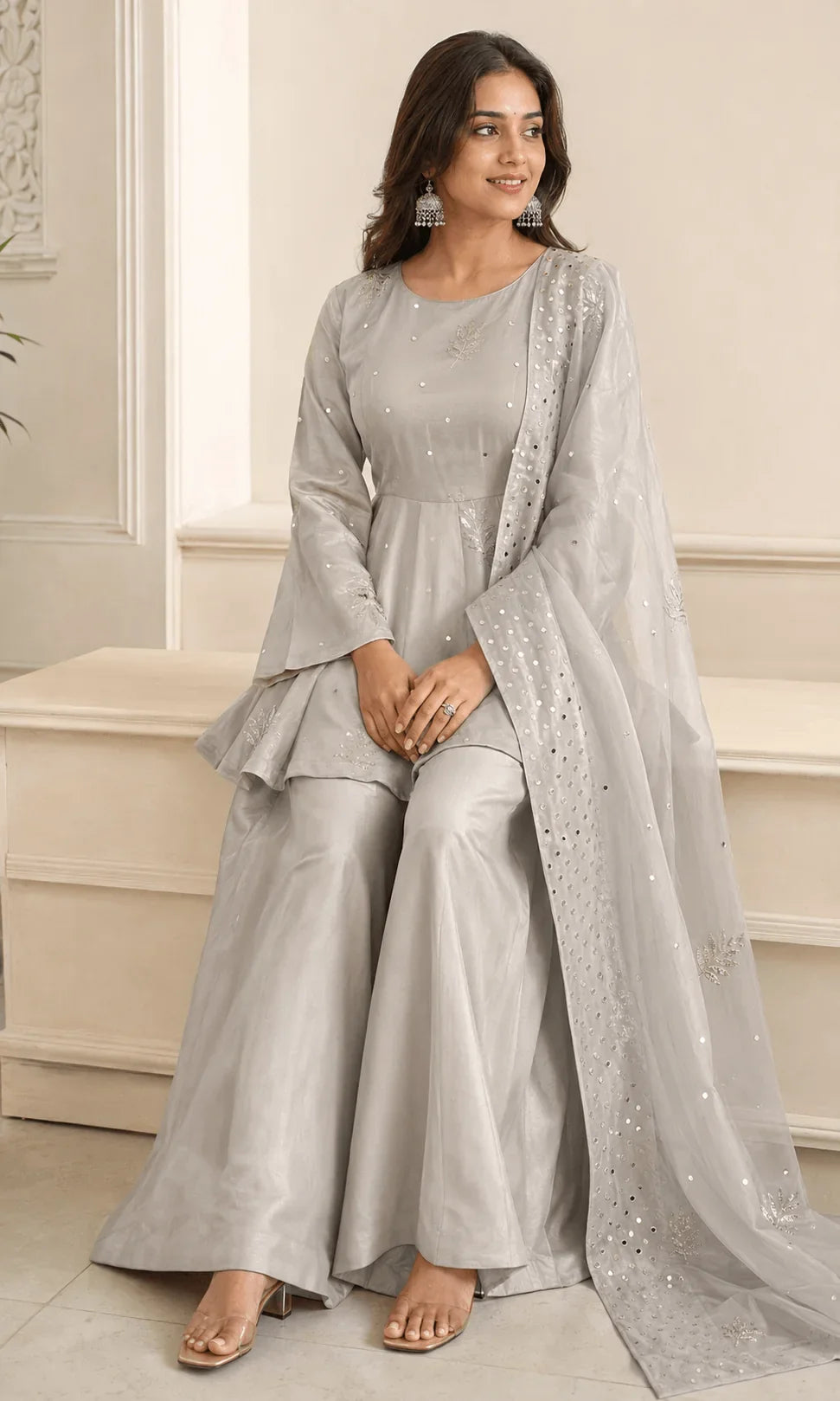 Grey Tabby Silk Palazzo Set with Foil Work | Chicorawear