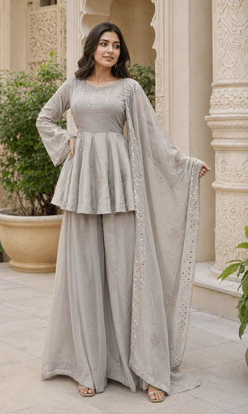 Grey Tabby Silk Palazzo Set with Foil Work | Chicorawear