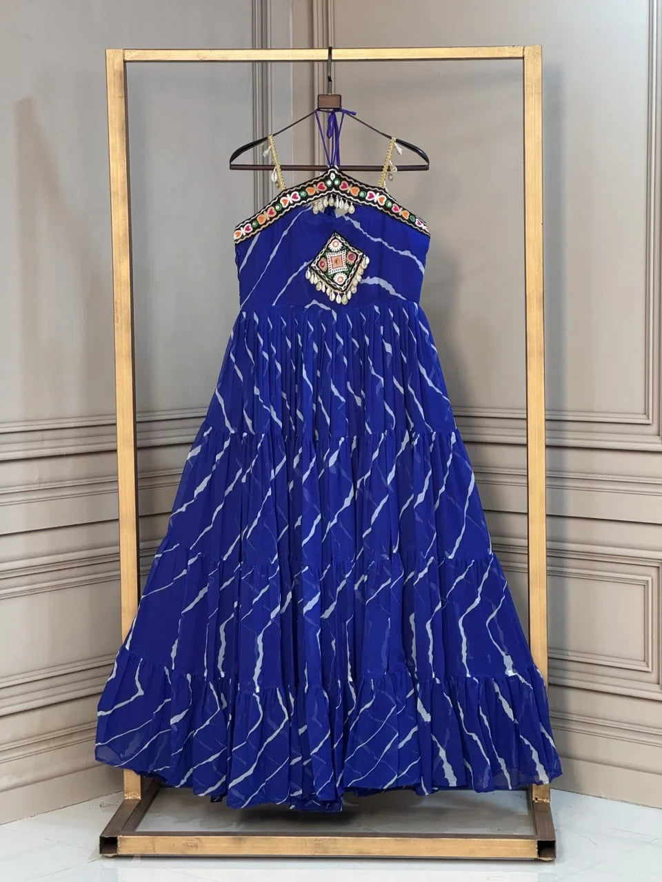 Laheriya Garba Gown with Kutchi Patchwork in Faux Georgette | Chicorawear