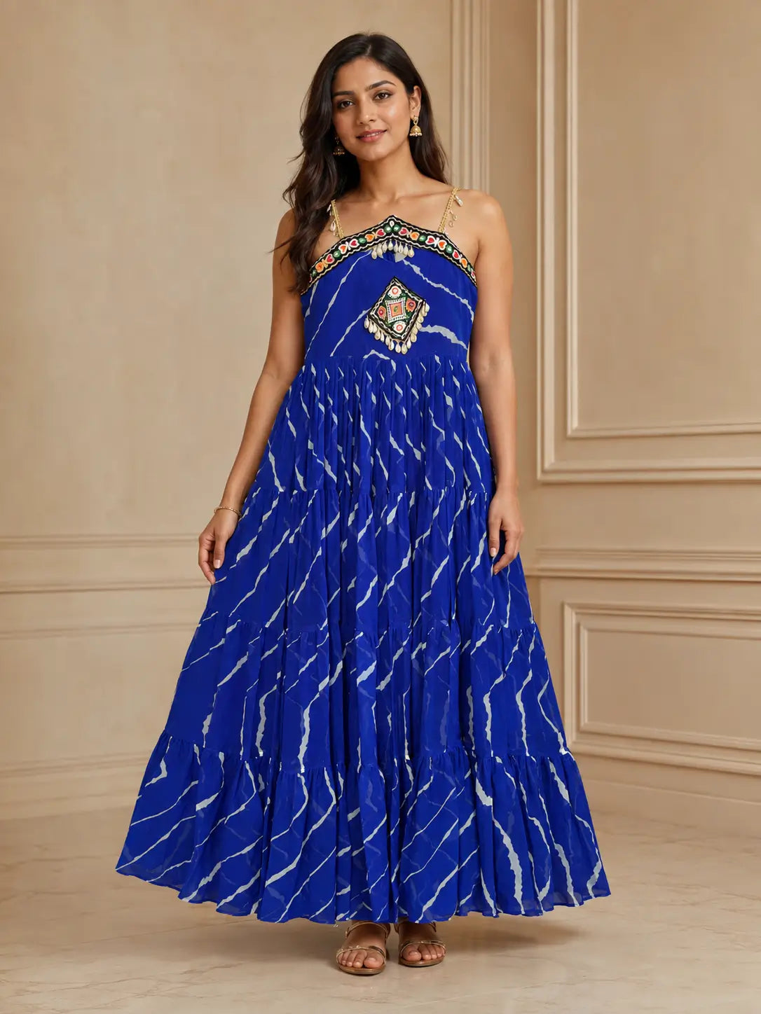 Laheriya Garba Gown with Kutchi Patchwork in Faux Georgette | Chicorawear